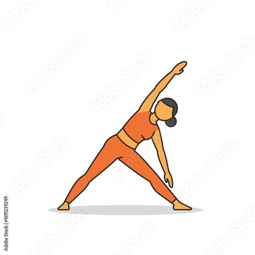 Woman practices triangle pose in yoga studio for wellness and relaxation, promoting mindfulness and healthy lifestyle.