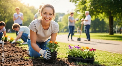 Fototapeta Naklejka Na Ścianę i Meble -  Woman planting flowers in a park. Group of volunteers gardening for community project. Environmental conservation outdoors.