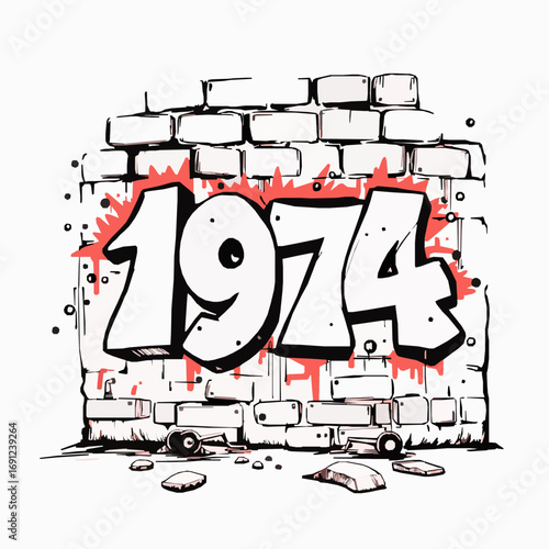 Graffiti art of the year 1974 spray painted on a brick wall with red paint splatters and debris on a white background Keywords: graffiti, art, 1974, year, number, spray paint