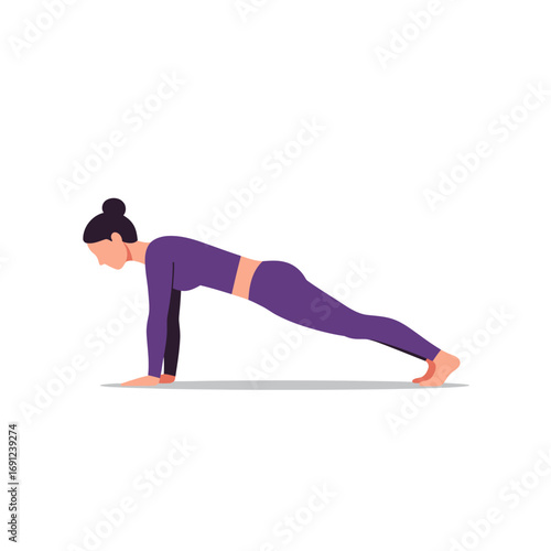 Woman in purple sportswear performing plank exercise on yoga mat in bright studio for strength and core training, promoting wellness.