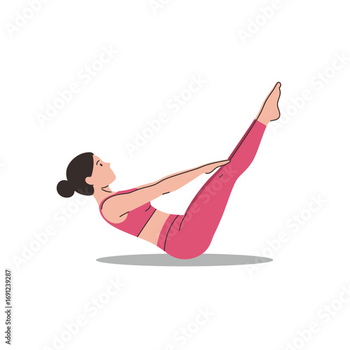 Woman performing boat pose during yoga session on mat in studio for fitness and wellness, showcasing balance and core strength.