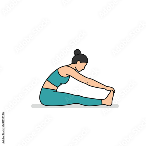 Woman stretching forward in seated position during yoga practice indoors, promoting flexibility and wellness in a minimalist style.