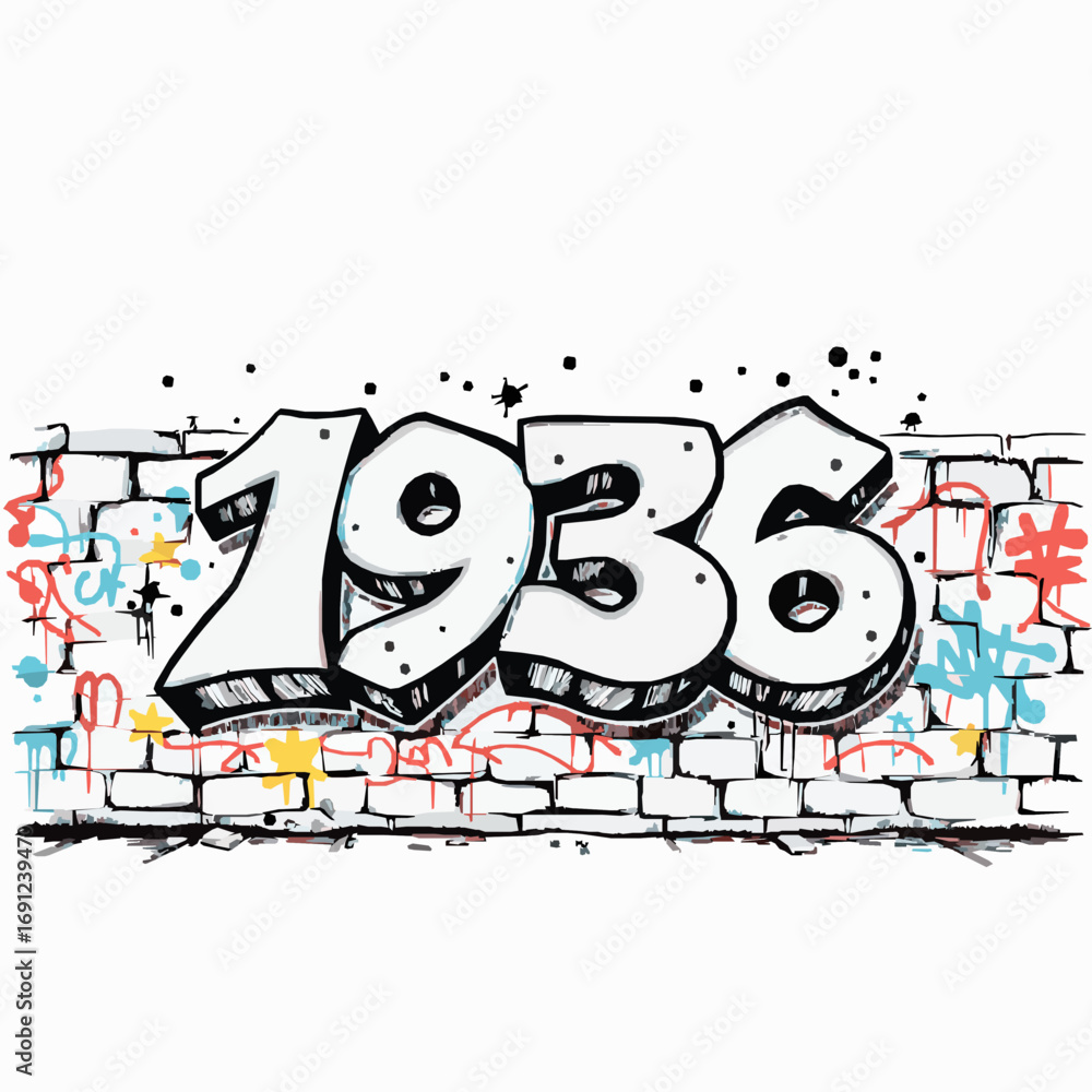 Obraz premium Graffiti Art Year 1936 on a Brick Wall with Spray Paint Tags urban