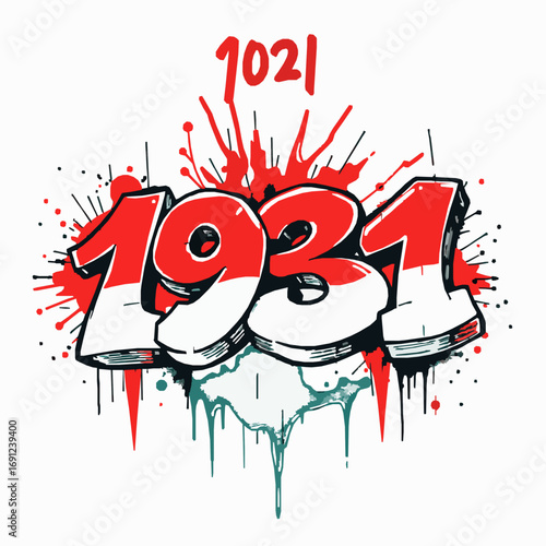 Graffiti art year 1931 with red white splashes and drips on white background spray paint