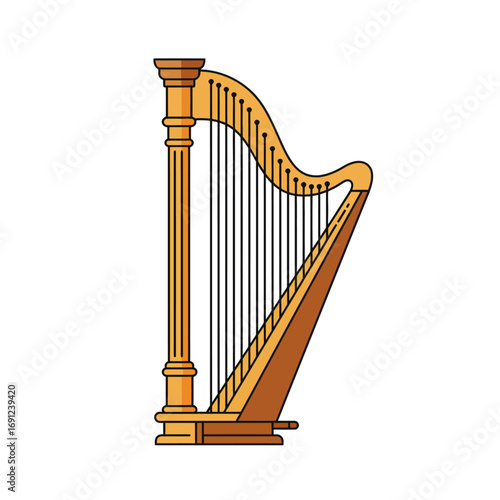 Golden harp stands gracefully against a white backdrop, showcasing its intricate details and elegant curves in a minimalist style, evoking a sense of musical serenity.