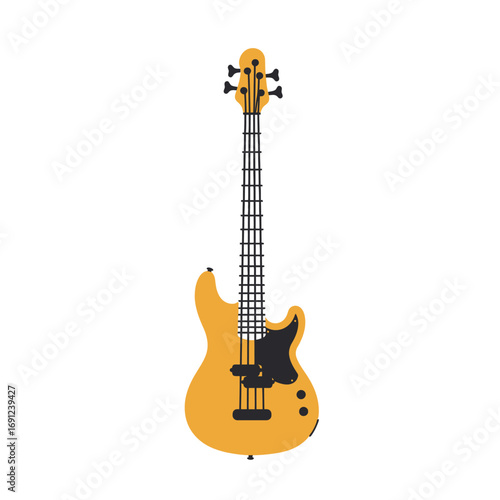 Yellow bass guitar stands isolated on white, ready for a musician to play a groovy tune, creating a musical atmosphere.