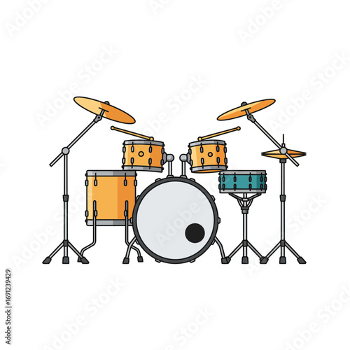 Drum kit with cymbals sitting ready for a performance on a white stage, creating a sense of anticipation and musical energy.