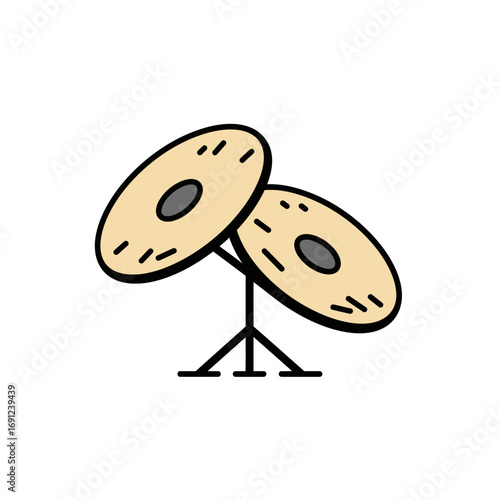 Cymbals standing on a stand in a music studio, ready to be played for a rock performance, conveying rhythm and energy.