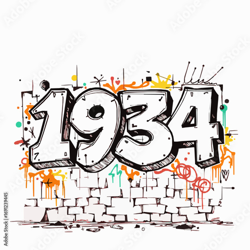 Graffiti art of the year 1934 on a brick wall with colorful splashes and drips urban street art
