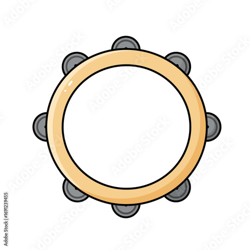 Tambourine with metal jingles sits isolated against a white backdrop, evoking a sense of musical rhythm and festive celebration.