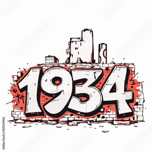 Graffiti art of the year 1934 with stylized cityscape silhouette on a brick wall urban street art
