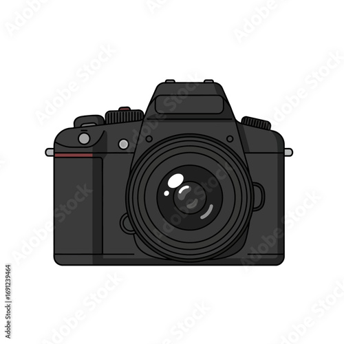 Black camera with lens sits isolated on white, capturing moments and memories with a classic and timeless aesthetic.