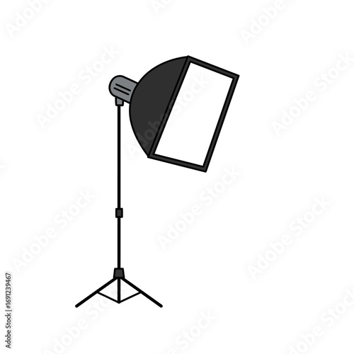Studio light illuminates a blank canvas on a tripod stand in a minimalist style, representing creative potential and professional photography equipment.