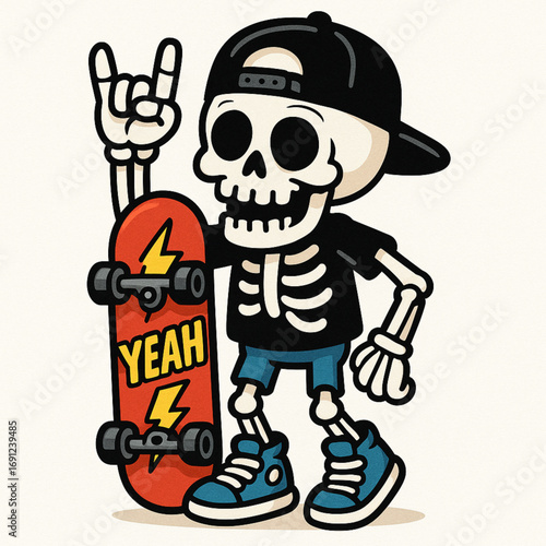 Cool cartoon skeleton character with skateboard and streetwear style isolated on white background
