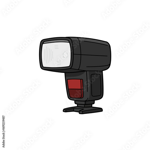 Isolated camera flash unit on white surface providing artificial light for photography, simple style.