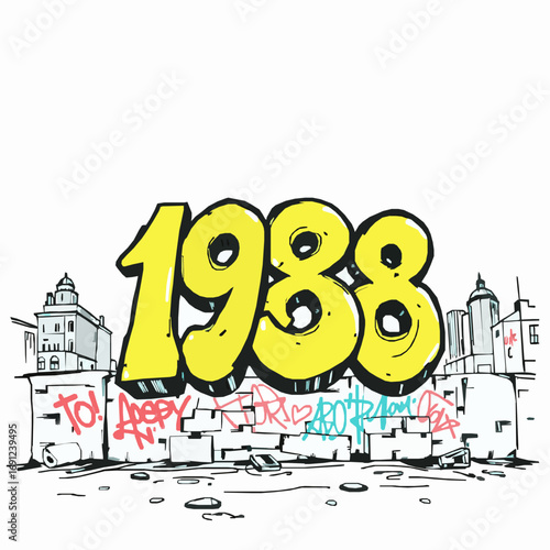 Graffiti art year 1988 with urban cityscape and brick wall background numbers