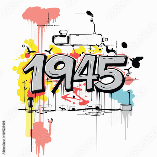 Graffiti artwork of the year 1945 with colorful paint splatters and urban elements Keywords: 1945, graffiti, year, colorful, paint, splatters, drips, urban art, vandalism, spray