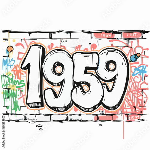 Graffiti Art Year 1959 Painted On A Brick Wall With Spray Paint Splatters And Tags urban