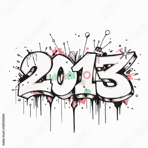 Graffiti style 2013 year text with pink and green paint splatters and drips numbers