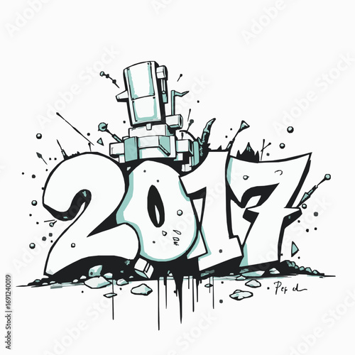 Graffiti year 2017 with robot and blue green accents on white background new year celebration
