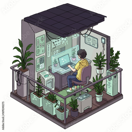 A person works productively in a futuristic, eco-friendly smart balcony office, utilizing AI and solar power for sustainable remote work in a biophilic environment.