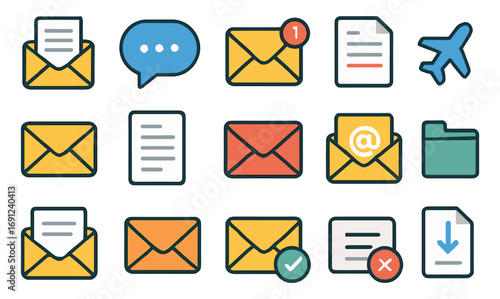 Flat email and messaging icon set featuring envelopes, notes, and notifications