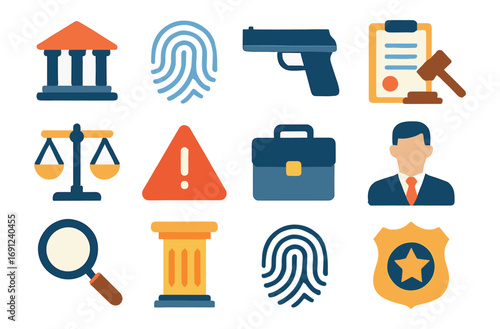 Law and crime icons set: justice, security, and legal symbols in flat design