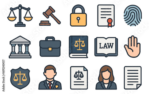 Legal and justice icons set featuring court, law, and security symbols