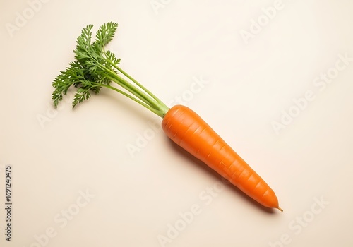 Vibrant orange carrot with fresh green leaves isolated on a clean, minimalist background