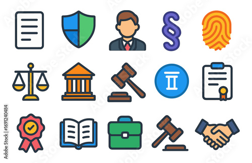 Legal and justice icons collection featuring courtroom elements in colorful linear style