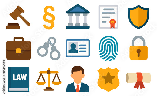 Legal and justice icons set featuring flat design elements