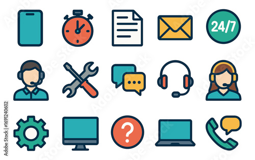 Customer service icons: flat style support symbols for communication and assistance