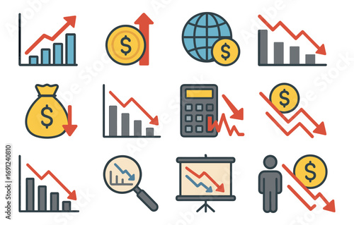 Economic trends icons set: growth, decline, global, and financial analysis in flat design