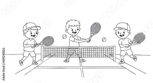 Cheerful cartoon boys enjoying a lively game of tennis on a court, showcasing active children's sports and healthy outdoor fun for youth development