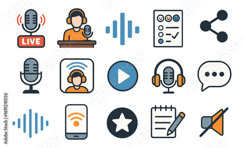 Podcast and streaming icon set for audio and video content creators