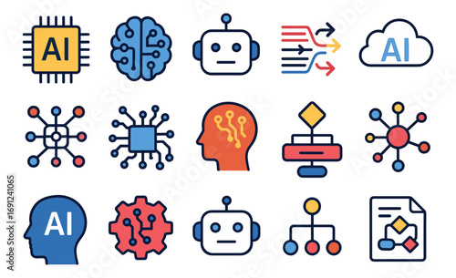 Ai technology icons: robots, neural networks, and cloud computing concepts