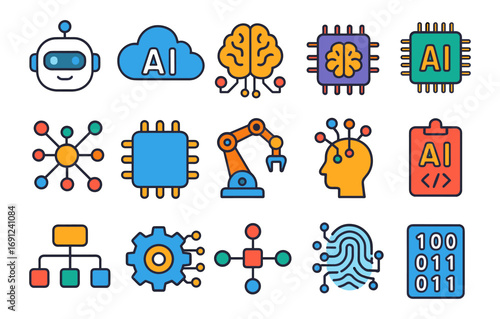 Ai and technology icons set featuring robots, neural networks, and digital interfaces