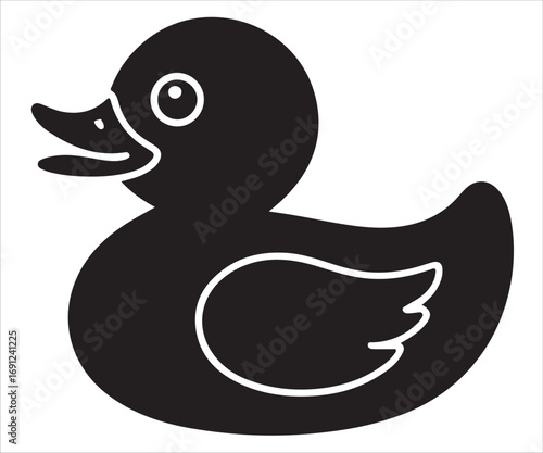 Silhouette of duck vector illustration showing cute bird, cartoon animal, rubber duck symbol, aquatic waterfowl, children’s toy design, playful character, and simple black and white outline
