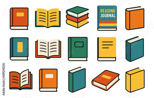 Colorful book icons set with open and closed books for education and reading themes