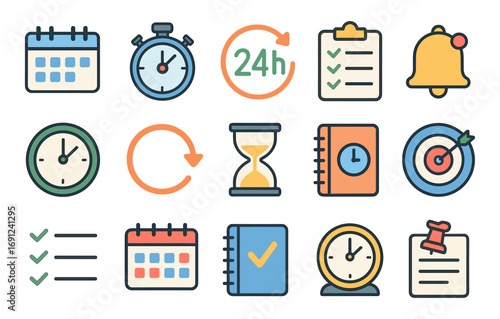 Time management icons set featuring clocks, calendars, and checklists in flat design