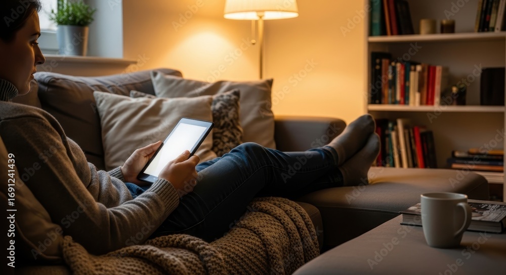 Obraz premium Young woman relaxing on sofa using digital tablet. Online learning and remote education concept for future smart technology.
