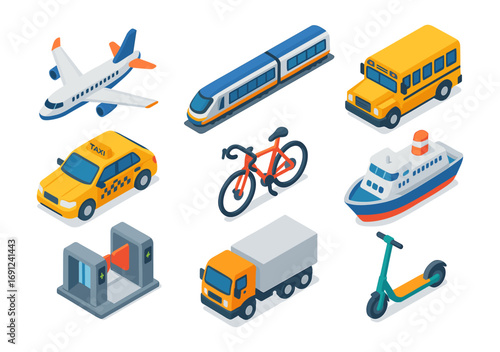 Isometric transport icons: plane, train, bus, taxi, bike, ferry, truck, scooter