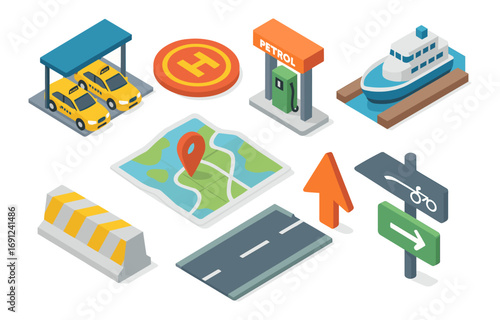 Isometric transportation icons set with map, vehicles, and road signs