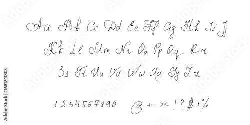 Handwriting English alphabet, font, letters and numbers.