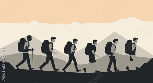 Silhouettes of people with backpacks on a hiking adventure, walking in a line across a mountainous landscape, embodying exploration, travel, and outdoor activity