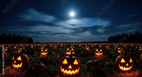 A field of carved jackolanterns glows under a full moon on a spooky halloween night