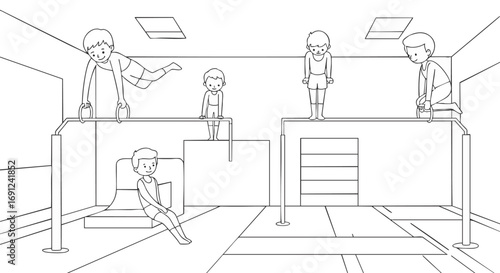 Gymnastics Kids Line Art Illustration of Young Gymnasts Training