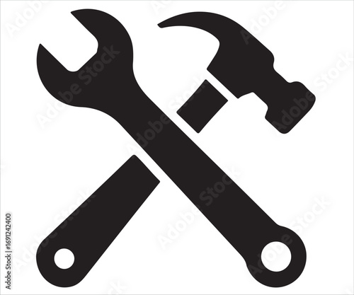 Silhouette of wrench and hammer crossed vector illustration symbolizing repair, maintenance, construction tools, handyman work, carpentry, engineering service, DIY concept, and industrial design