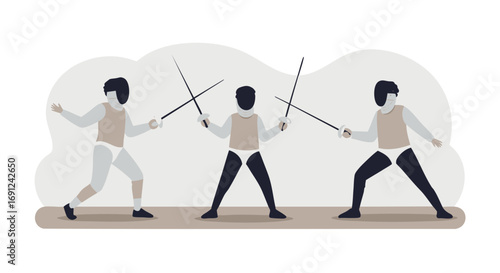 Modern flat design illustration of three athletes engaged in a competitive fencing duel with swords