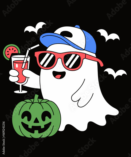 Retro Summer Halloween in July Novelty Carved Watermelon Ghost